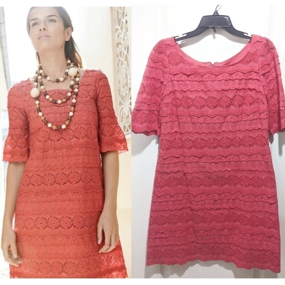 Anthropologie Moulinette Soeurs | Dazzling Lights Lace Shift Dress in Dark Coral